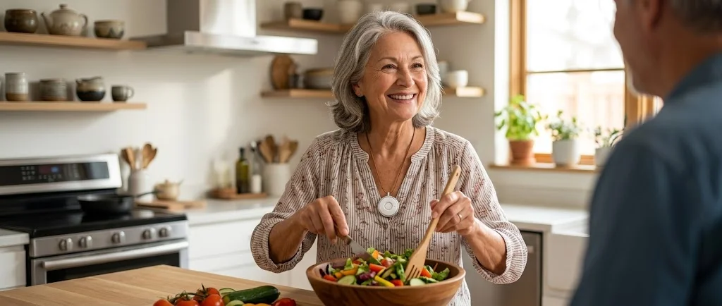 Seniorin tr&auml;gt den Lebwohl24 Sicherheitsbegleiter im Alltag